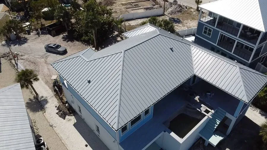 Aerial view metal roof residential replacement Southwest Florida