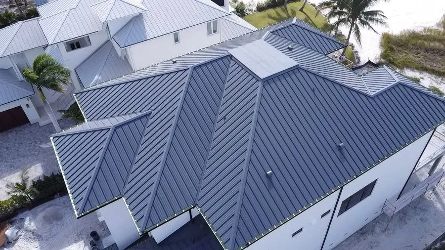 Aerial drone view standing seam metal roof Cape Coral residential