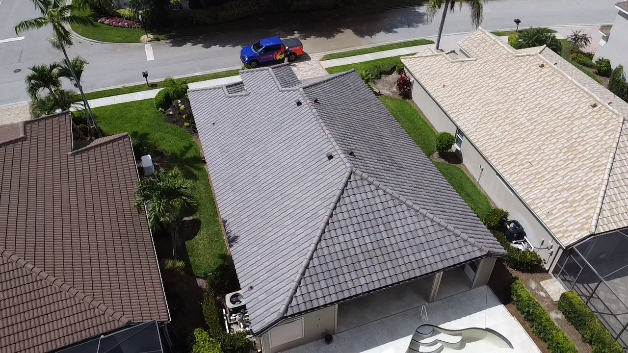 Completed tile reroof drone view Fort Myers FL
