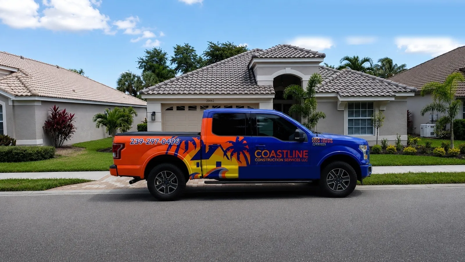 Coastline Construction company truck at a roofing job in Fort Myers, FL